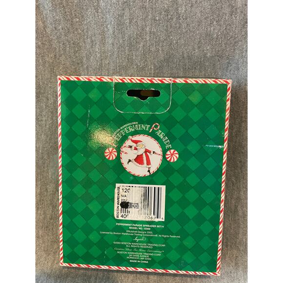 NWT Vtg. 2003 Boston Warehouse Peppermint Parade Santa Spreaders Set of 4 - Picture 3 of 3